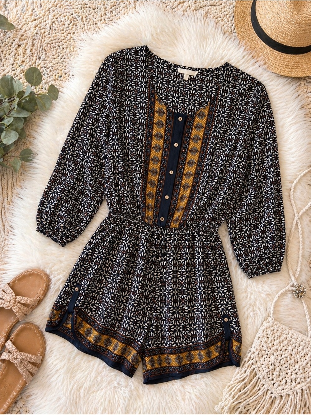 ILLA ILLA Boho Romper Small Festival Anthropologie Style Elastic Waist Printed